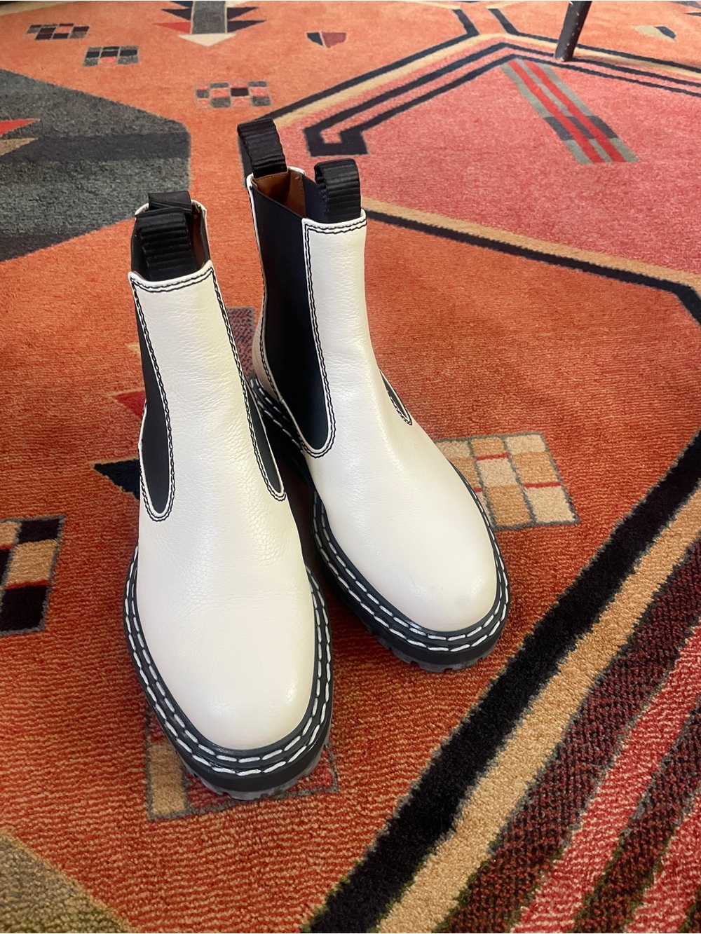 Proenza Schouler White Leather Chelsea Platform Booties with Black Elastic